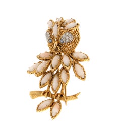Vintage Angel-Skin Pink Coral Owl Sapphire Natural Diamond 14K Gold Bird Brooch