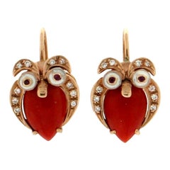 Handcraft Owl 14 Karat Yellow Gold Diamonds Drop Earrings
