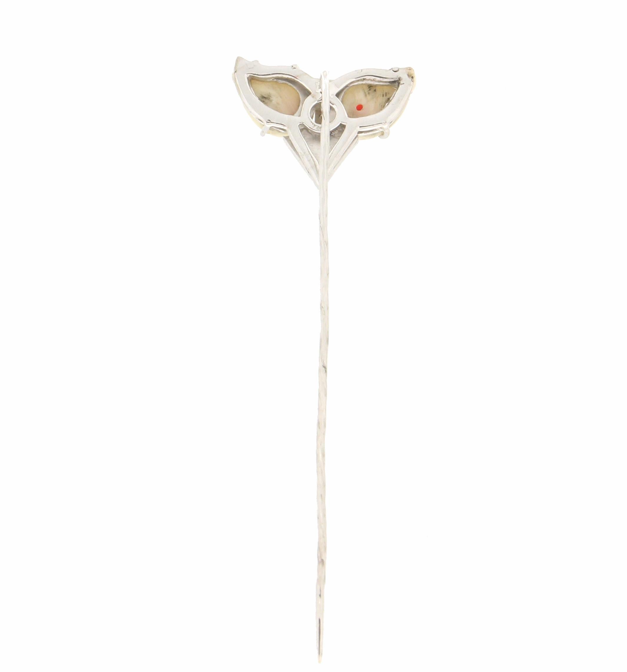 Artisan Handcraft Owl 18 Karat White Gold Diamonds Agate Onyx Coral Brooch For Sale