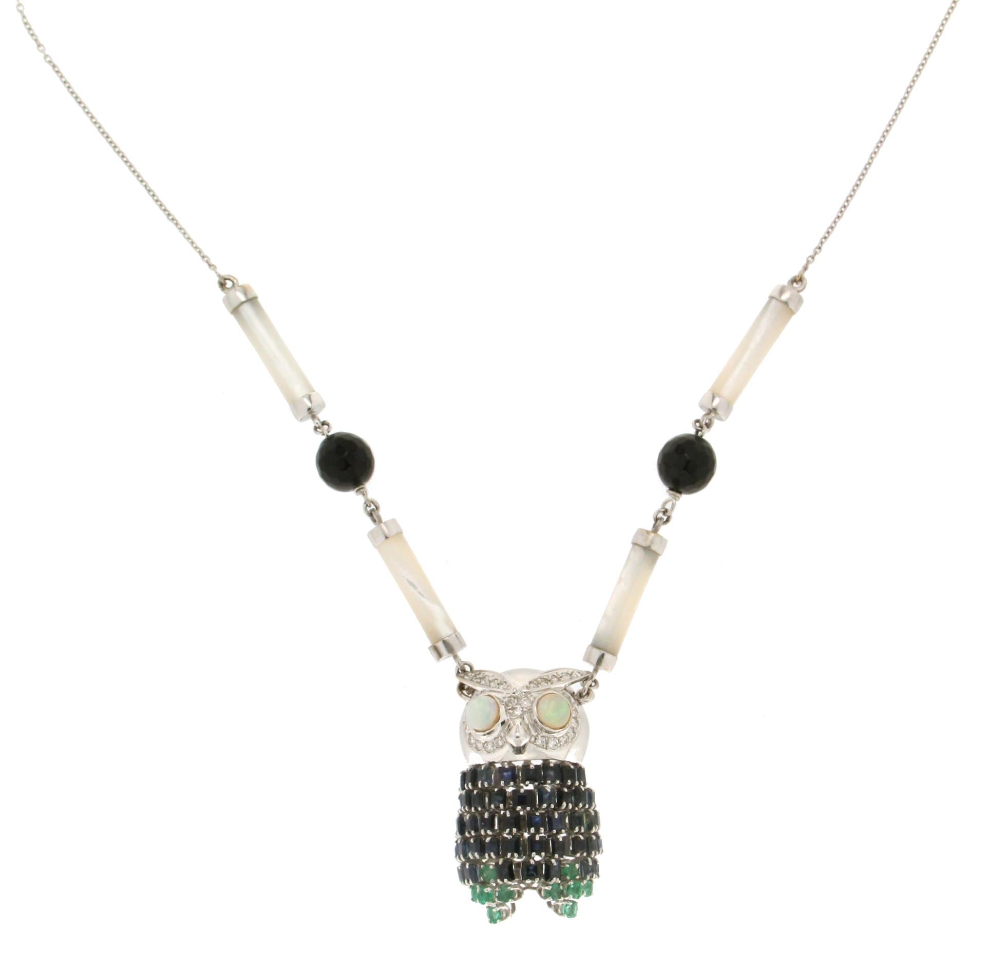 Artisan Handcraft Owl 18 Karat White Gold Diamonds Sapphires Opal Pendant Necklace For Sale