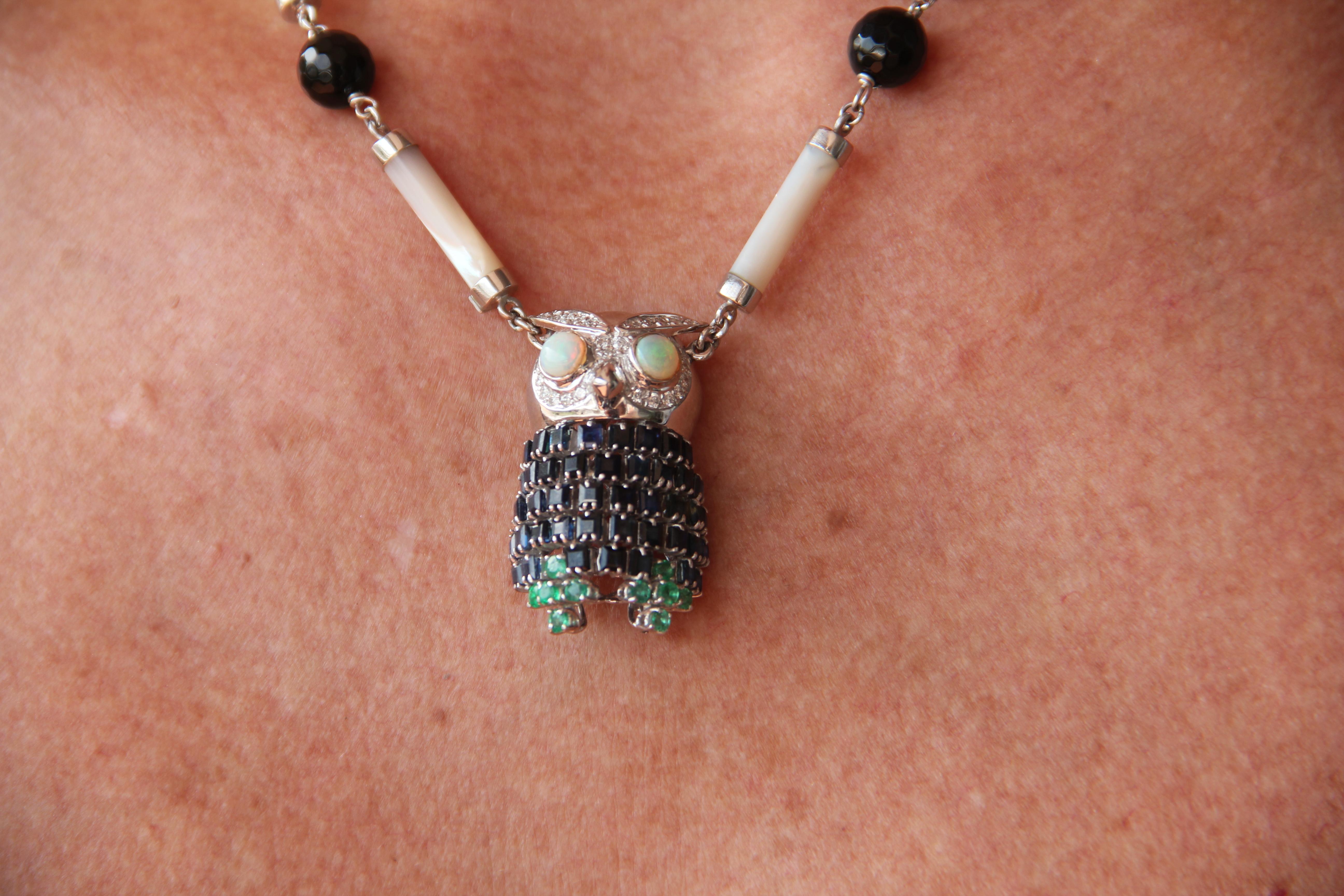 Handcraft Owl 18 Karat White Gold Diamonds Sapphires Opal Pendant Necklace For Sale 1