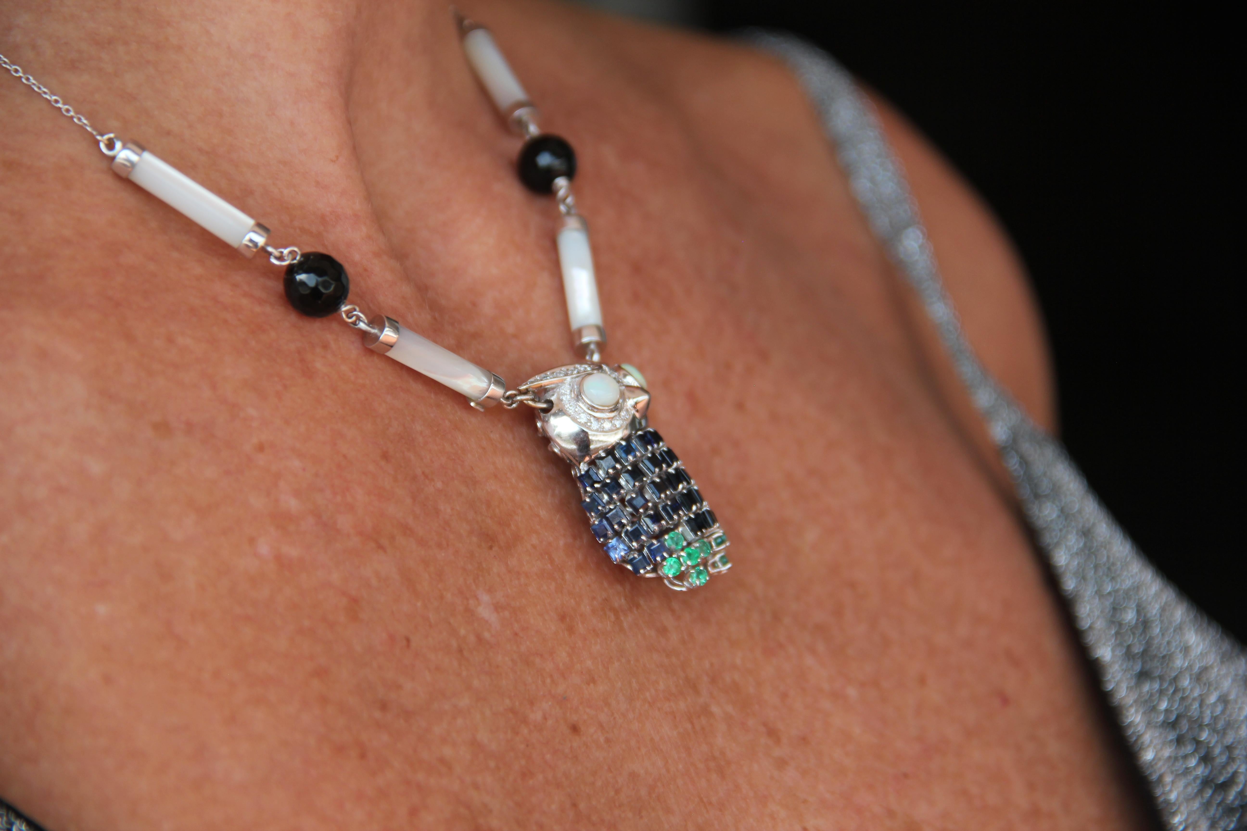 Handcraft Owl 18 Karat White Gold Diamonds Sapphires Opal Pendant Necklace For Sale 2