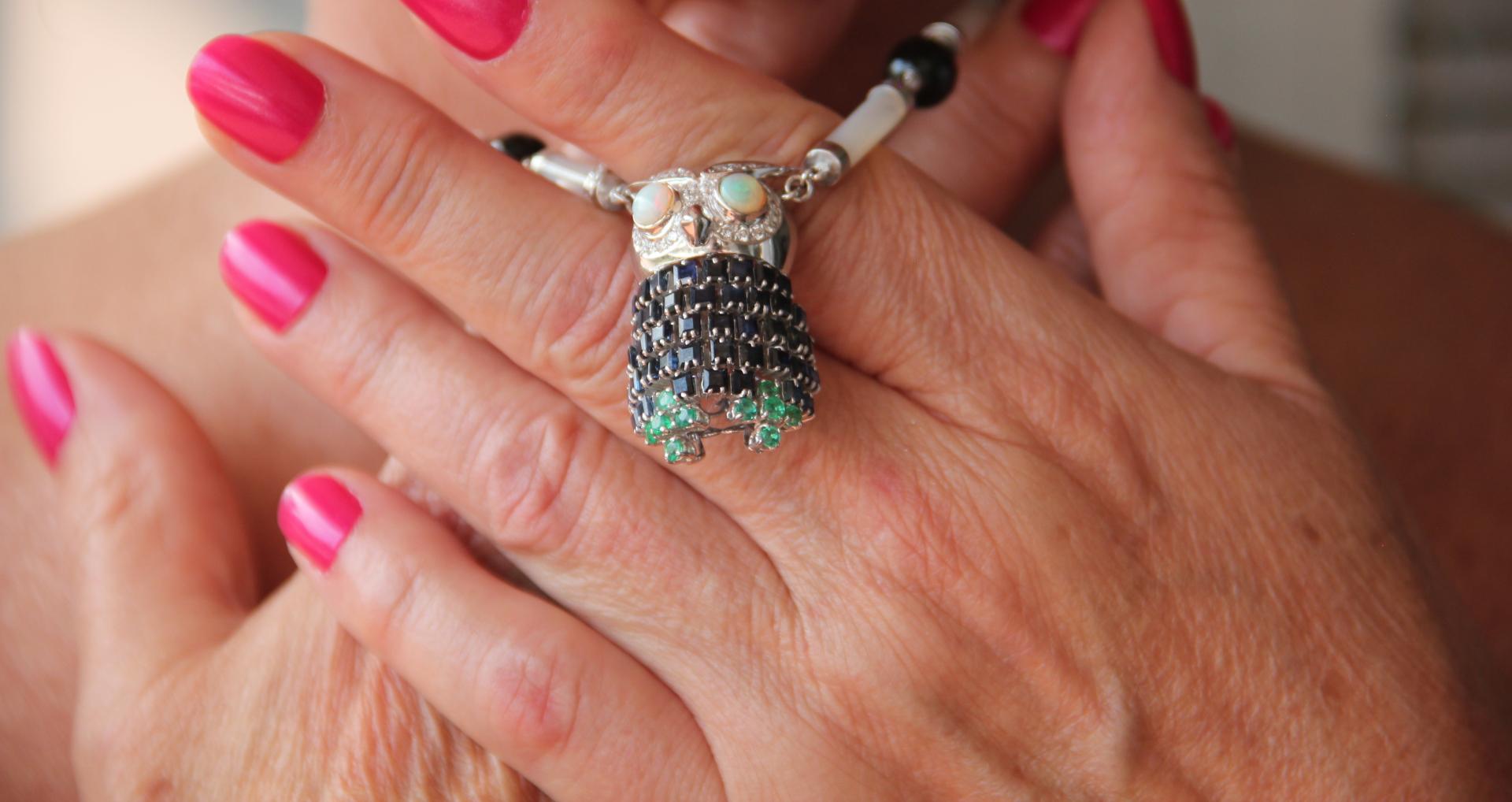 Handcraft Owl 18 Karat White Gold Diamonds Sapphires Opal Pendant Necklace For Sale 3