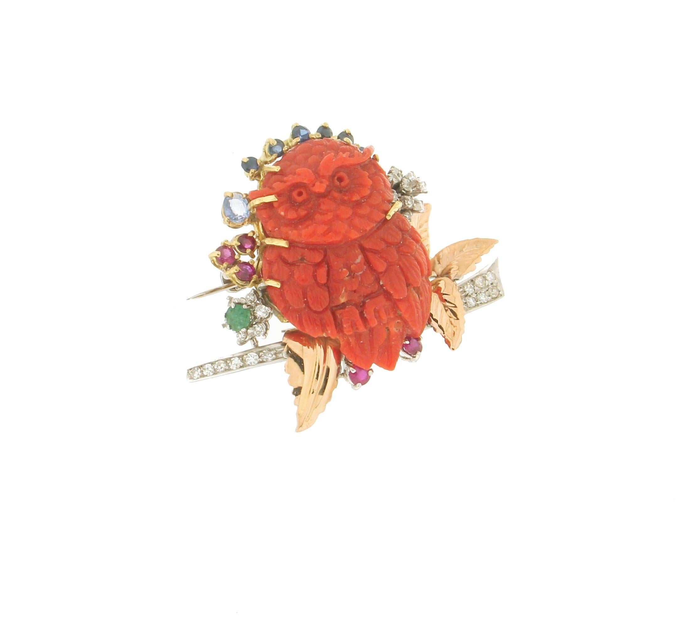 Artisan Handcraft Owl 18 Karat Yellow and White Gold Diamonds Coral Sapphires Brooch For Sale