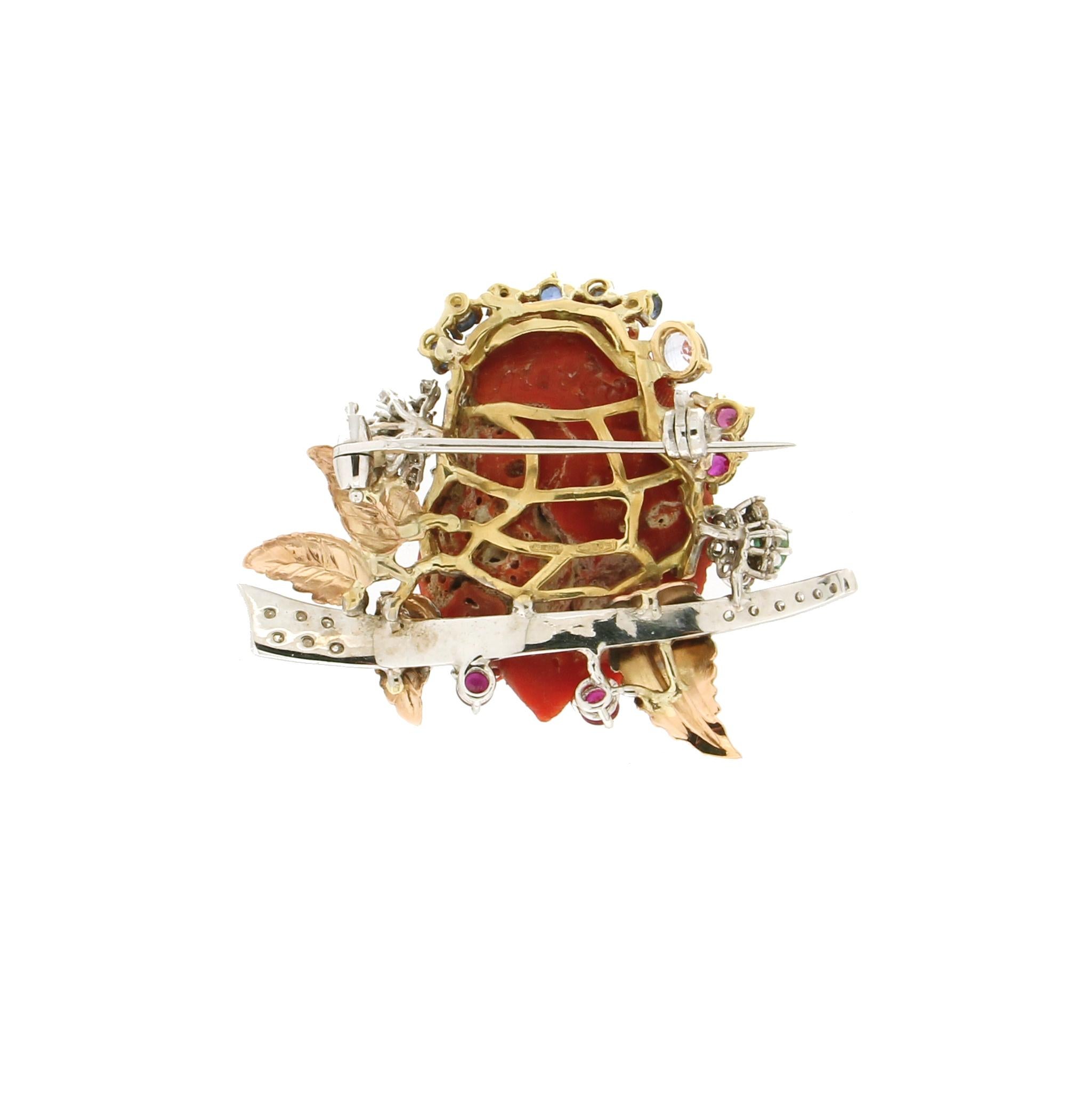 Brilliant Cut Handcraft Owl 18 Karat Yellow and White Gold Diamonds Coral Sapphires Brooch For Sale