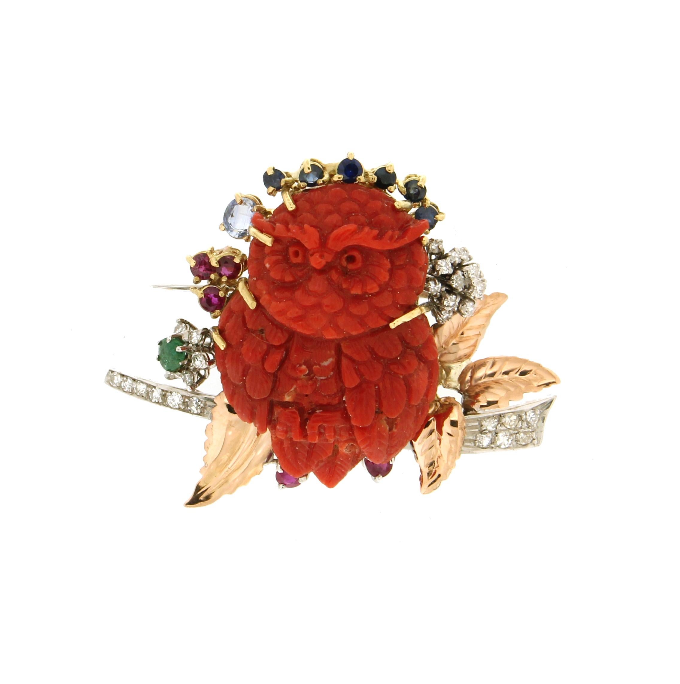 Women's Handcraft Owl 18 Karat Yellow and White Gold Diamonds Coral Sapphires Brooch For Sale