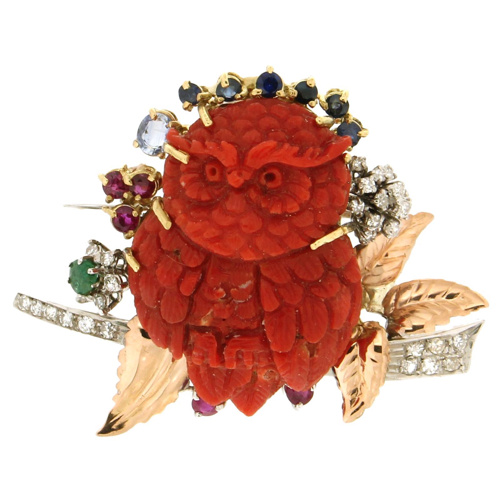 Handcraft Owl 18 Karat Yellow and White Gold Diamonds Coral Sapphires Brooch For Sale