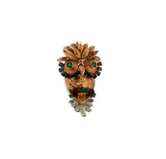 Handcraft Owl 18 Karat Yellow and White Gold Diamonds Sapphires Ruby Brooch