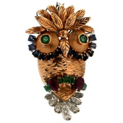 Handcraft Owl 18 Karat Yellow and White Gold Diamonds Sapphires Ruby Brooch Handcraft Owl 18 Karat Yellow and White Gold Diamonds Sapphires Ruby Brooch
