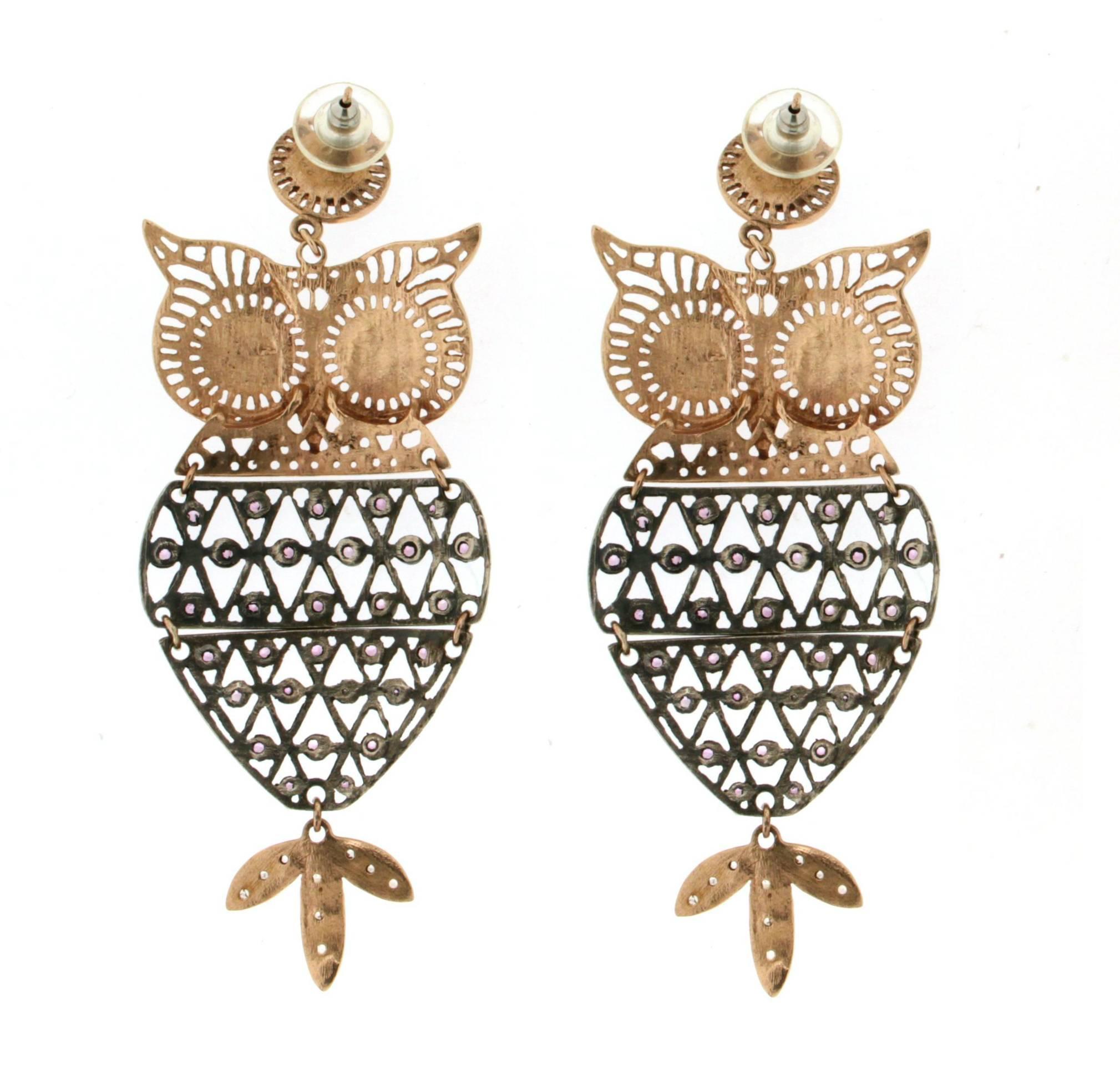 Artisan Handcraft Owl 9 Karat Yellow Gold Tourmaline Diamonds Coral Drop Earrings For Sale