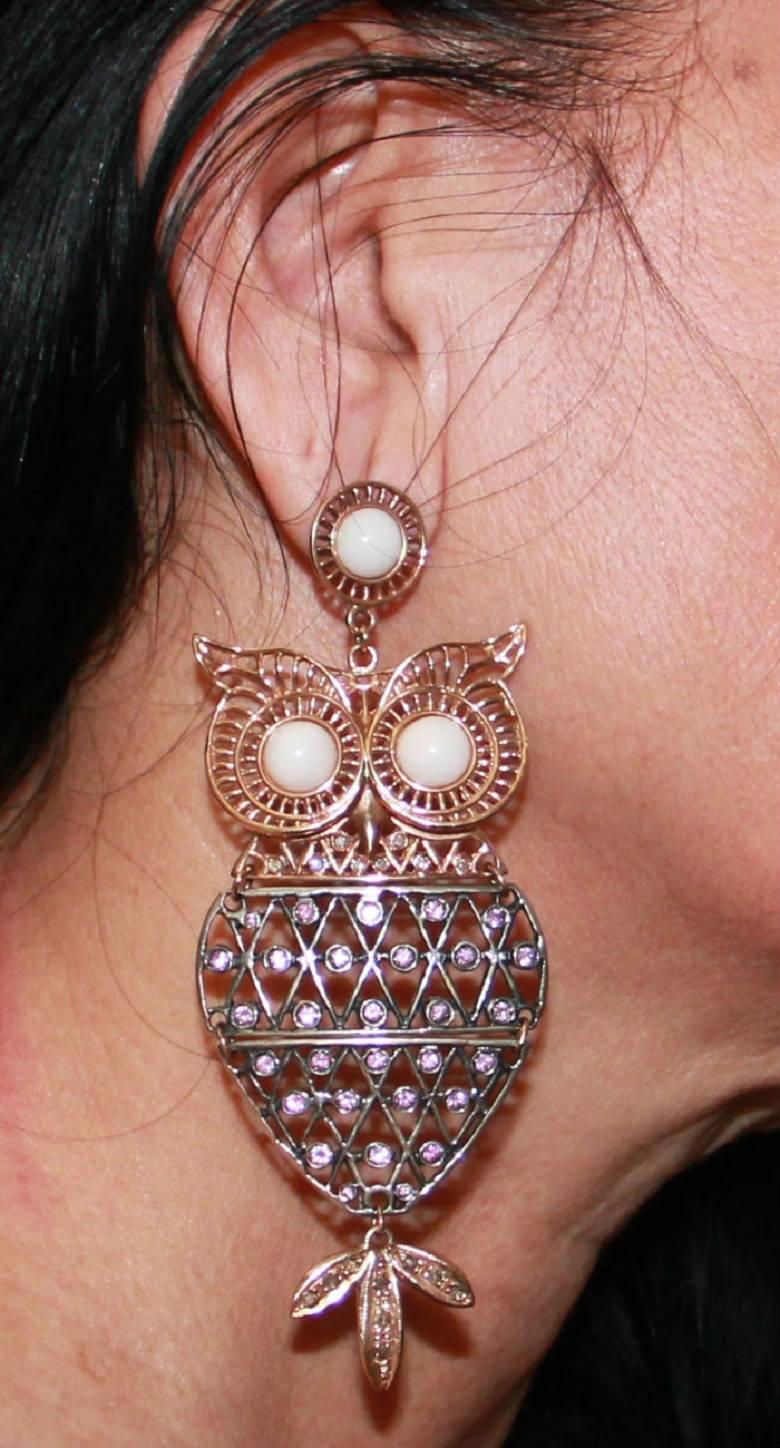 Brilliant Cut Handcraft Owl 9 Karat Yellow Gold Tourmaline Diamonds Coral Drop Earrings For Sale