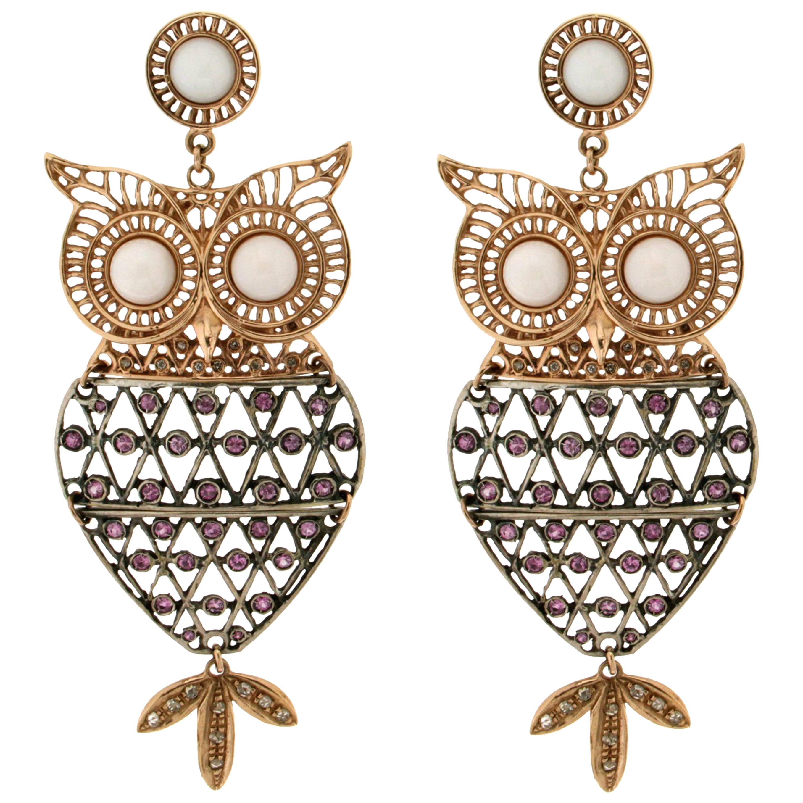 Handcraft Owl 9 Karat Yellow Gold Tourmaline Diamonds Coral Drop Earrings For Sale