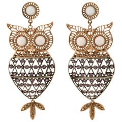 Boucles d'oreilles en goutte artisanales hibou en or jaune 9 carats, tourmaline, diamants et corail