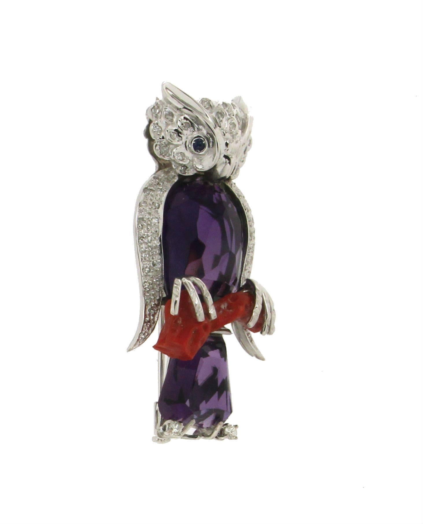 Brilliant Cut Handcraft Owl Amethyst 18 Karat White Gold Coral Diamonds Brooch For Sale