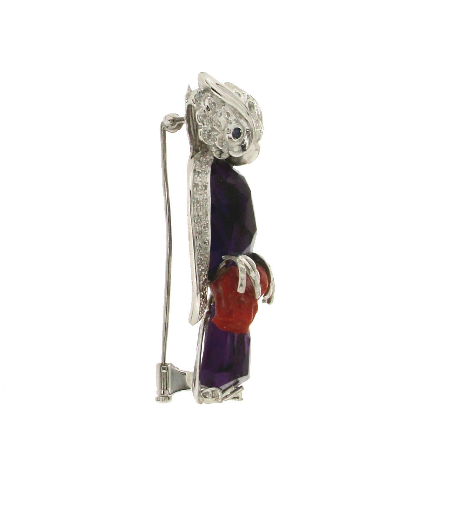 Handcraft Owl Amethyst 18 Karat White Gold Coral Diamonds Brooch In New Condition For Sale In Marcianise, IT