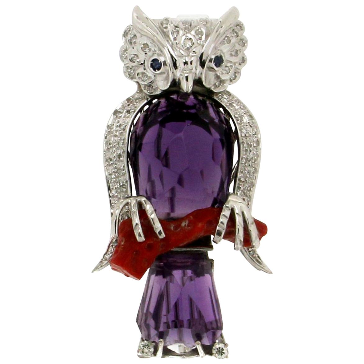 Handcraft Owl Amethyst 18 Karat White Gold Coral Diamonds Brooch For Sale