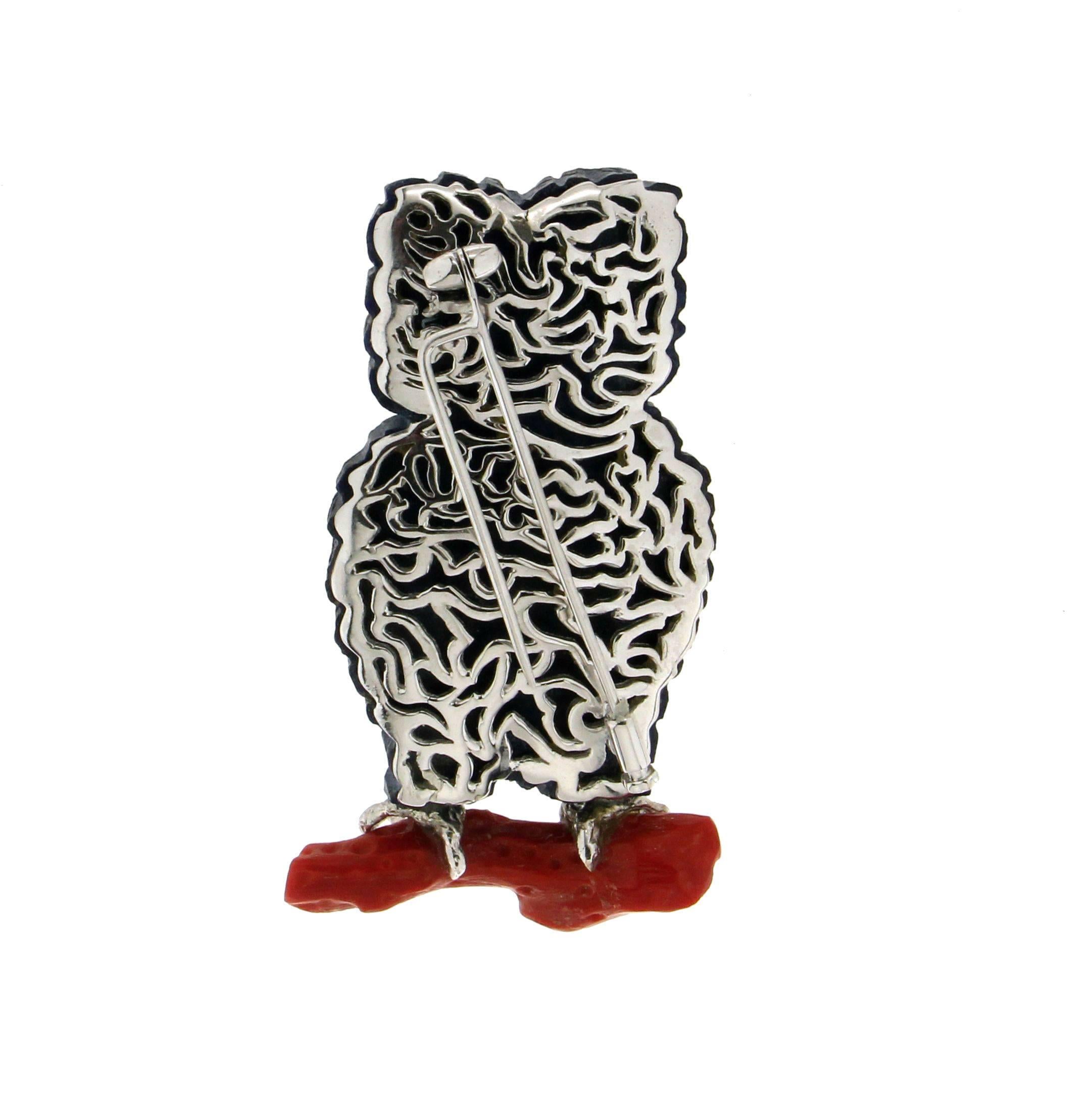 Artisan Handcraft Owl Lapis 18 Karat White Gold Diamonds and Coral Brooch For Sale