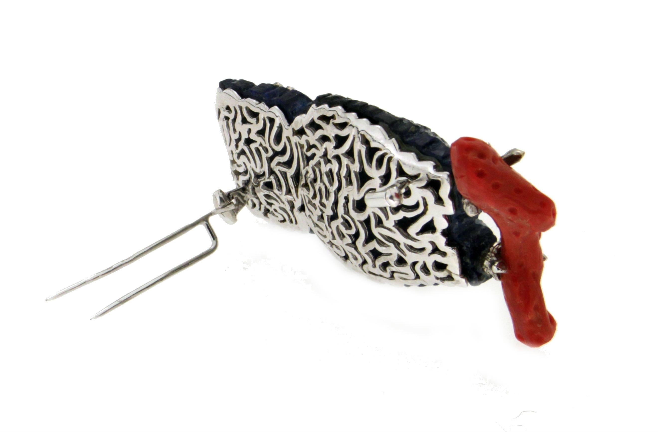 Mixed Cut Handcraft Owl Lapis 18 Karat White Gold Diamonds and Coral Brooch For Sale