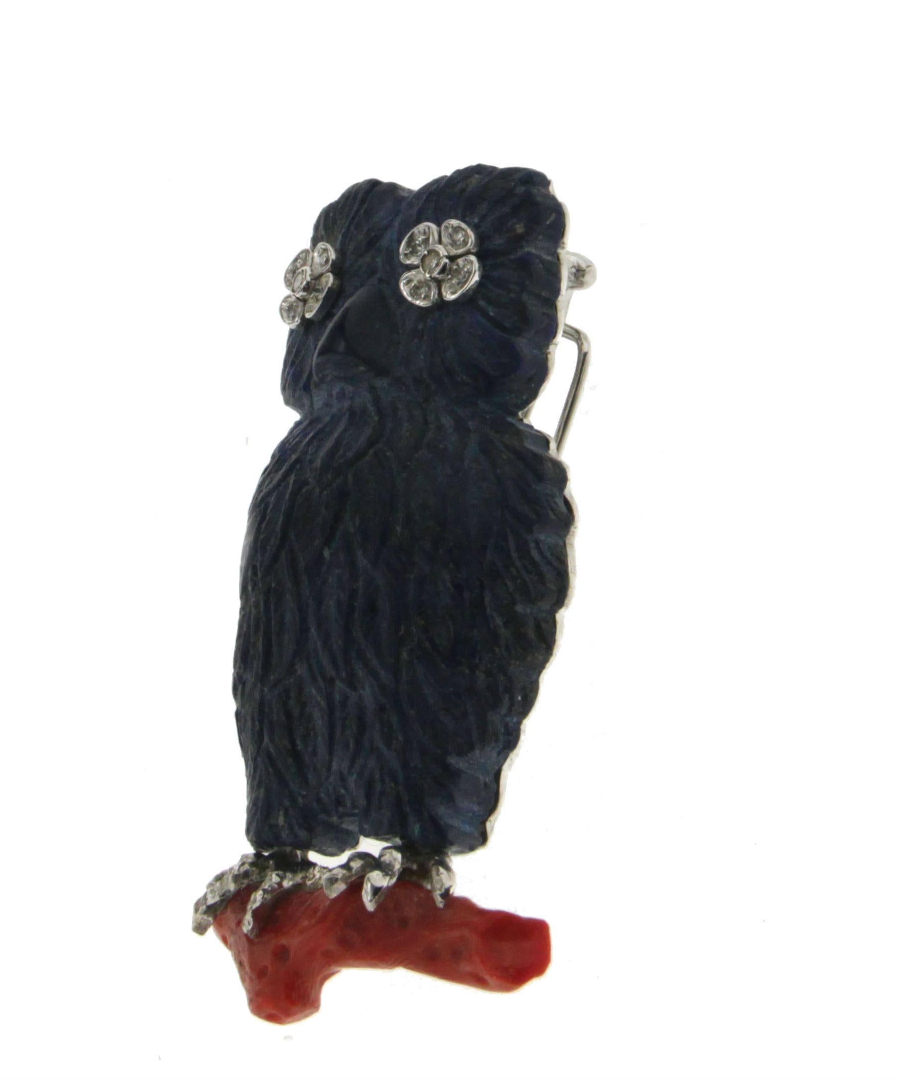 Handcraft Owl Lapis 18 Karat White Gold Diamonds and Coral Brooch In New Condition For Sale In Marcianise, IT