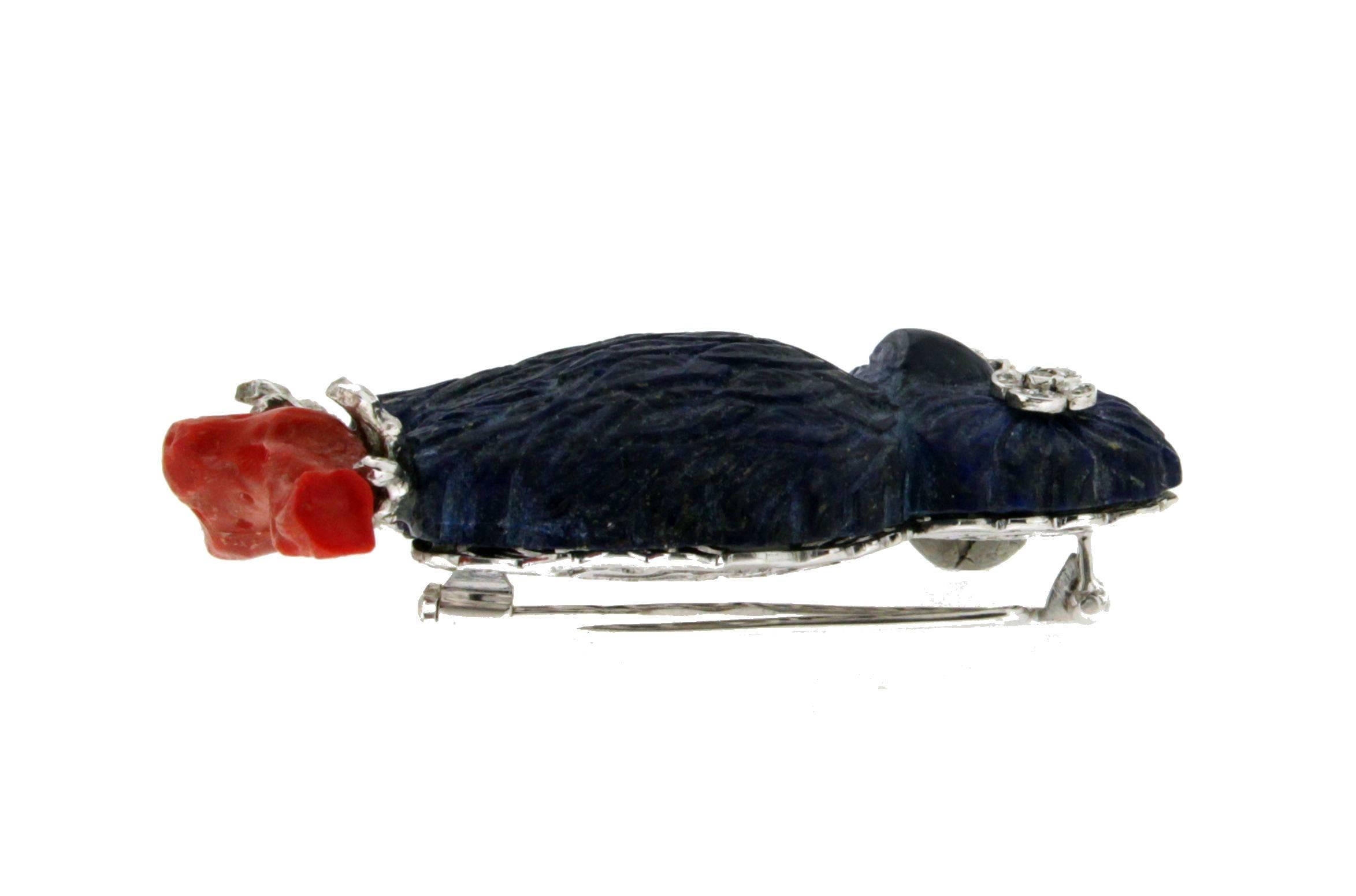 Women's or Men's Handcraft Owl Lapis 18 Karat White Gold Diamonds and Coral Brooch For Sale
