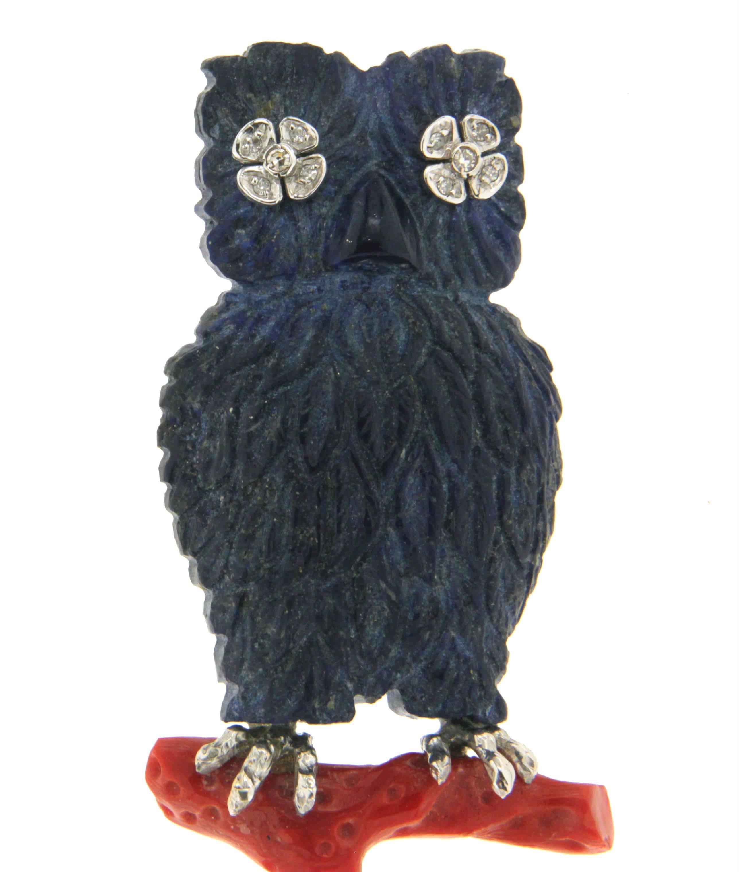 Handcraft Owl Lapis 18 Karat White Gold Diamonds and Coral Brooch For Sale 1