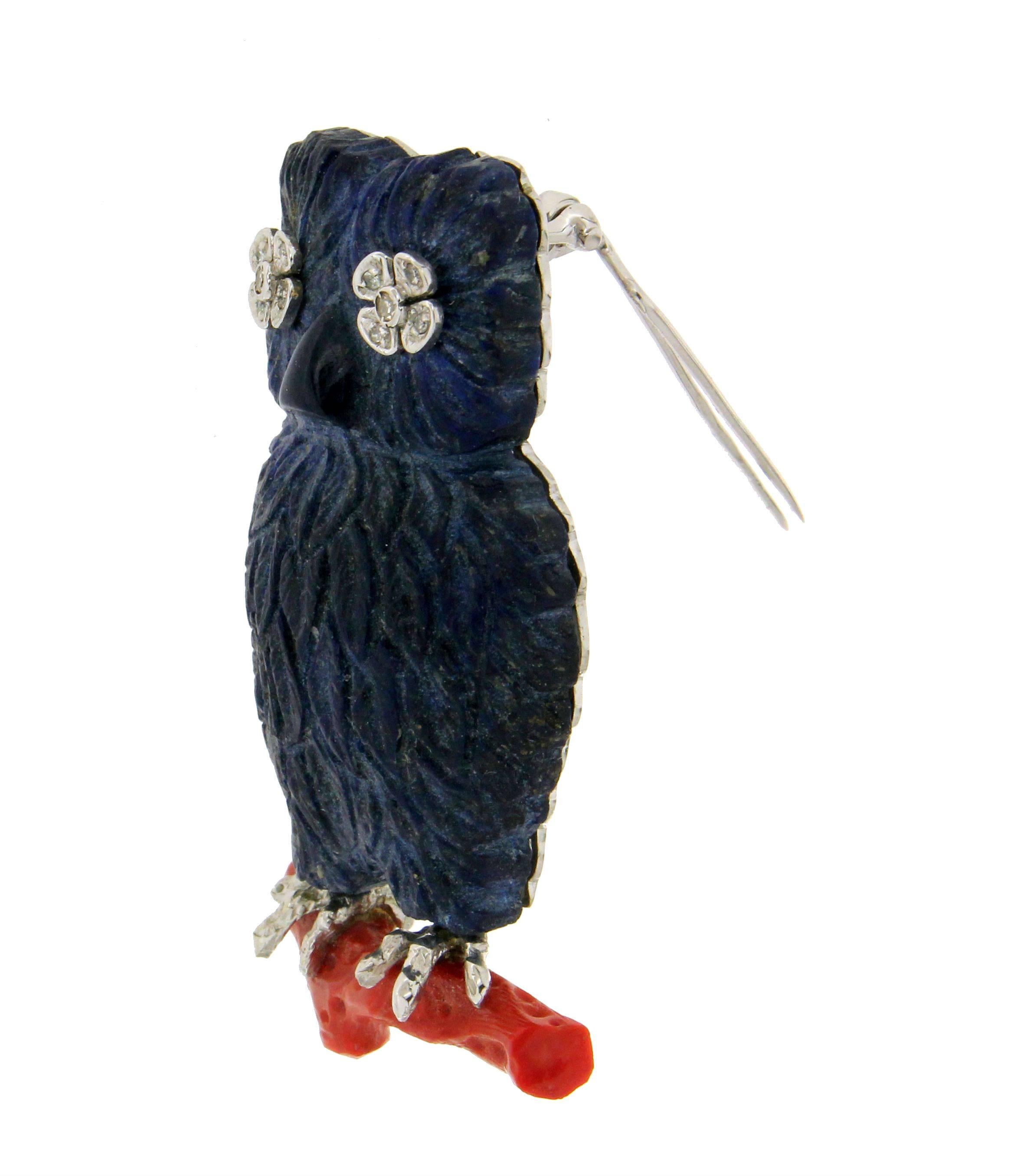 Handcraft Owl Lapis 18 Karat White Gold Diamonds and Coral Brooch For Sale 2