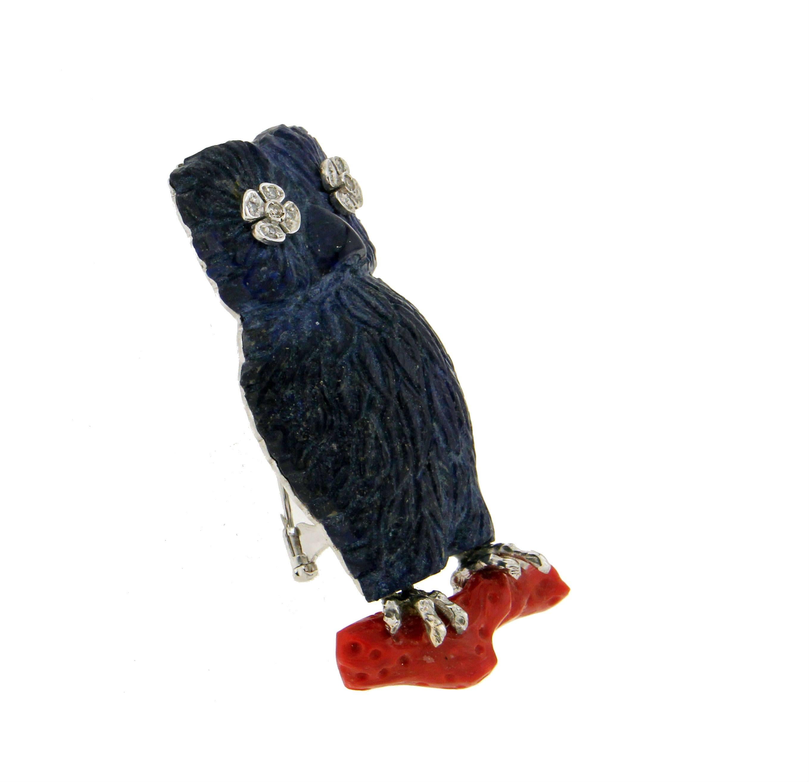 Handcraft Owl Lapis 18 Karat White Gold Diamonds and Coral Brooch For Sale 3