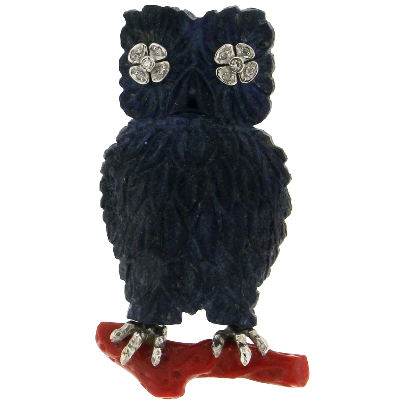 Handcraft Owl Lapis 18 Karat White Gold Diamonds and Coral Brooch For Sale