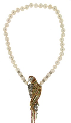Handcraft Parrot 18 Karat Gold Diamonds Pearls Pendant and Brooch