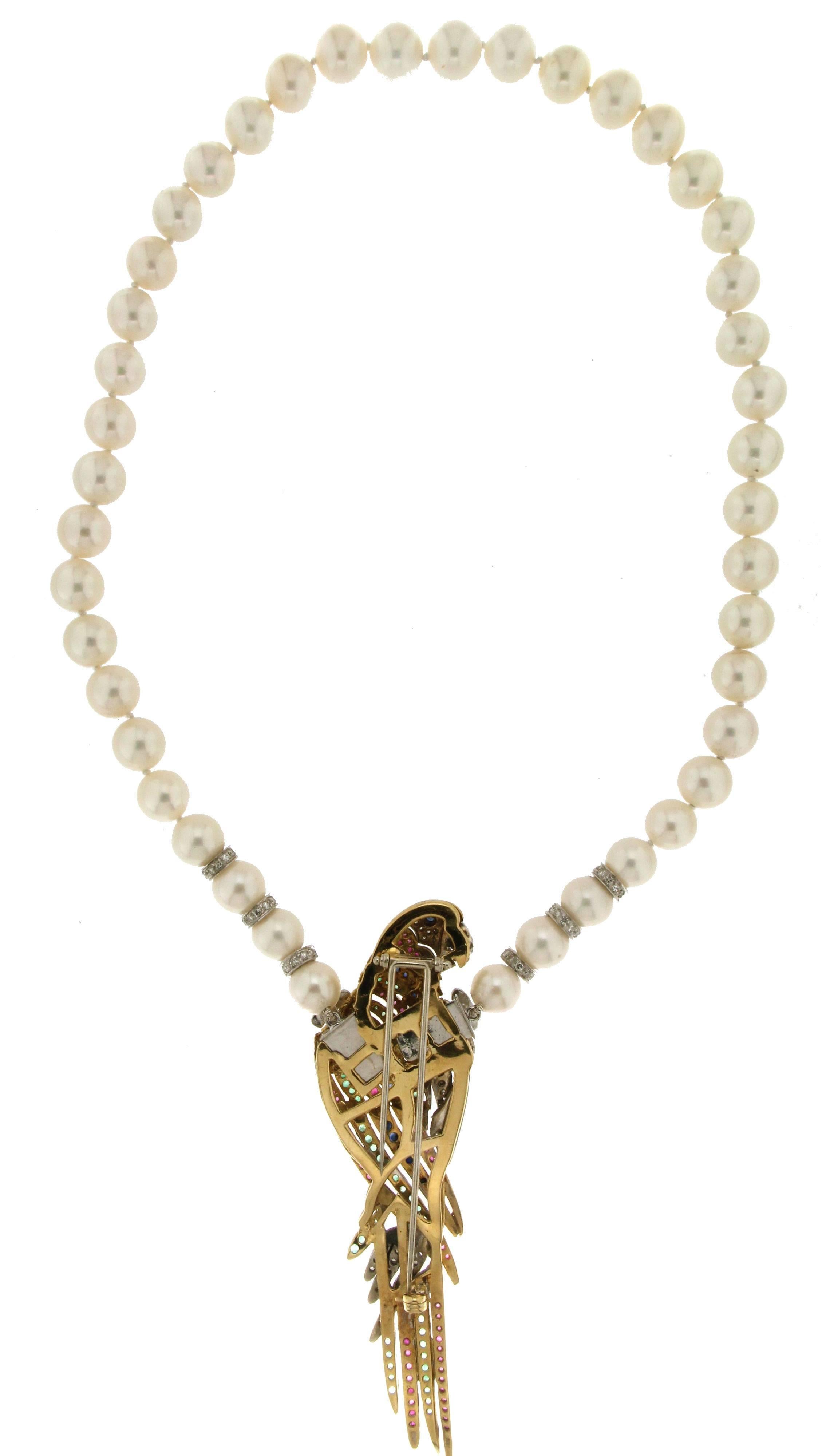Artisan Handcraft Parrot 18 Karat Gold Diamonds Pearls Pendant and Brooch