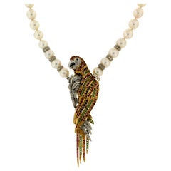 Handcraft Parrot 18 Karat Gold Diamonds Pearls Pendant and Brooch