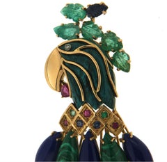 Broche artisanale en perroquet, malachite, or jaune et blanc 18 carats et diamants