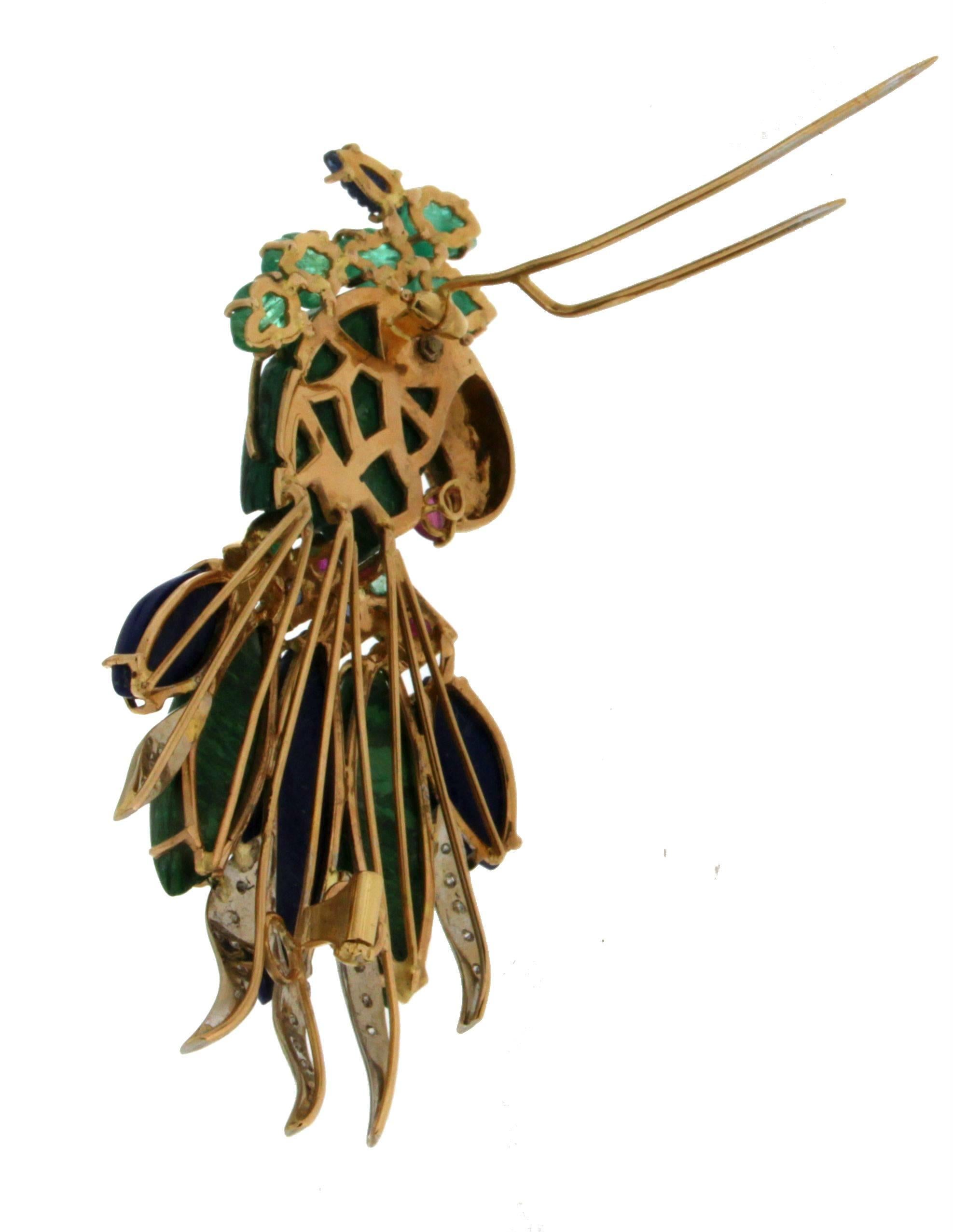 Artisan Handcraft Parrot Malachite 18 Karat Yellow and White Gold Diamonds Brooch For Sale