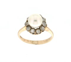 Handcraft Japan Pearl 14 Karat Yellow Gold Diamonds Cocktail Ring