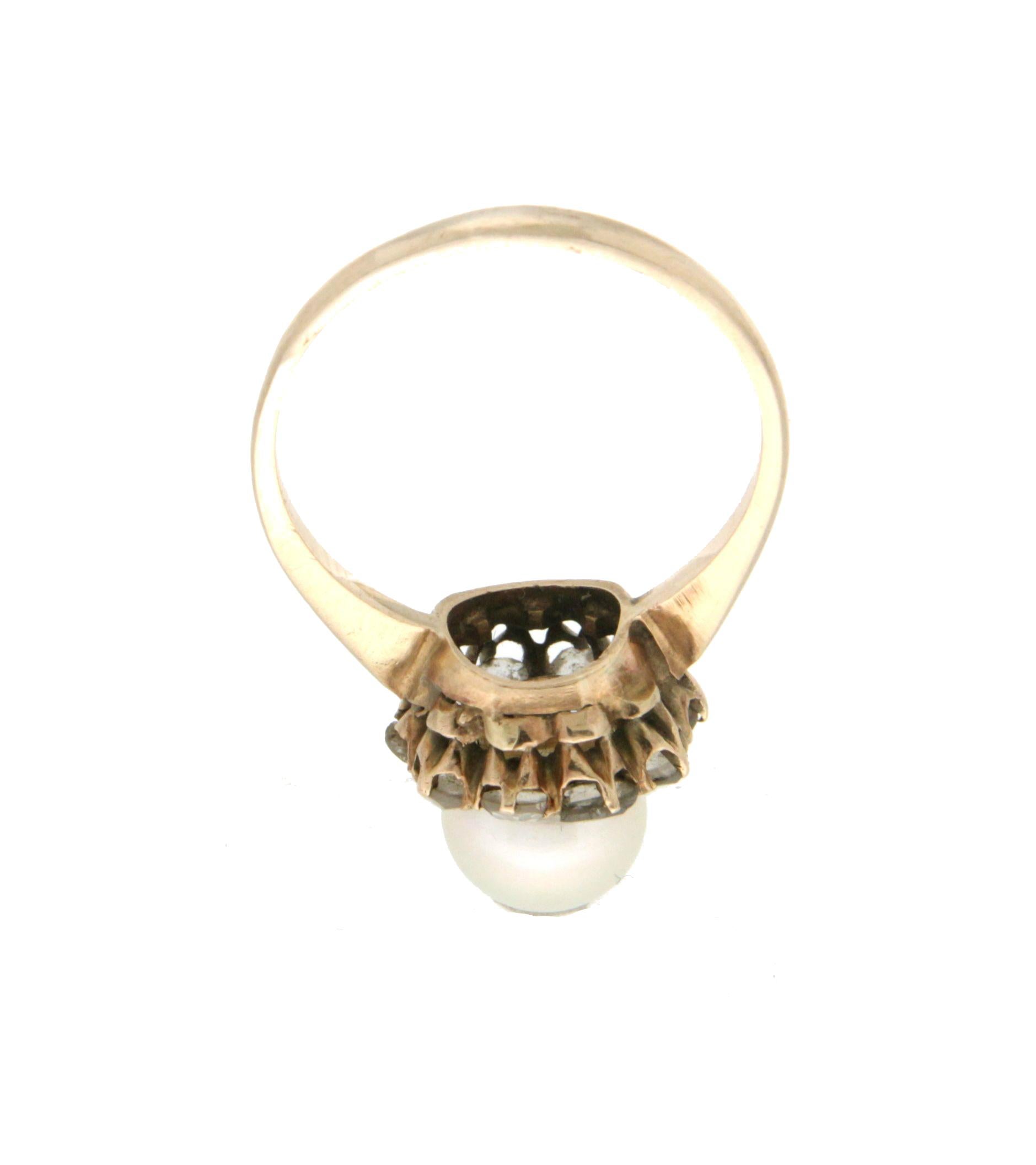 Handcraft Japan Pearl 14 Karat Yellow Gold Diamonds Cocktail Ring In New Condition For Sale In Marcianise, IT