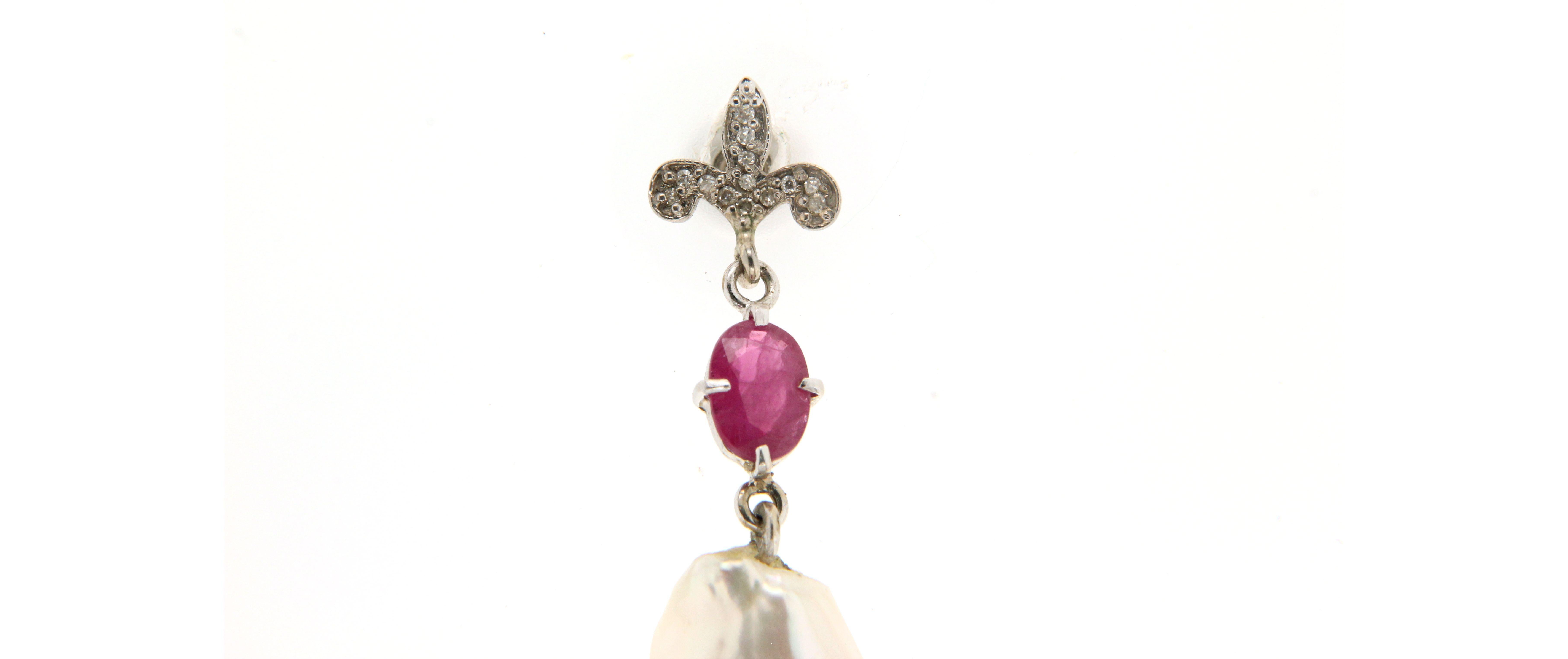Handcraft Baroque Pearl 18 Karat White Gold Diamonds Ruby Drop Earrings For Sale 3