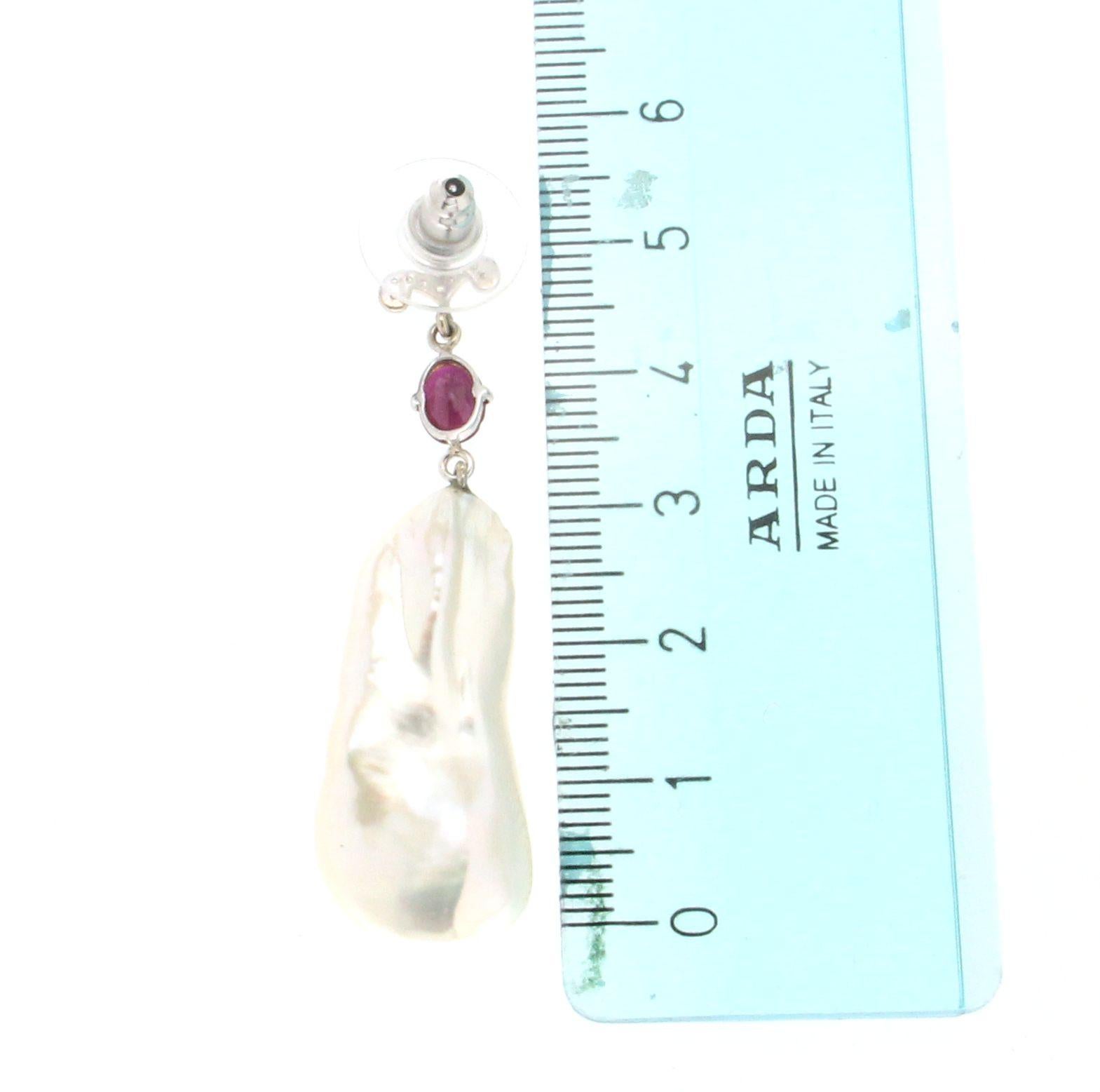 Handcraft Baroque Pearl 18 Karat White Gold Diamonds Ruby Drop Earrings For Sale 5