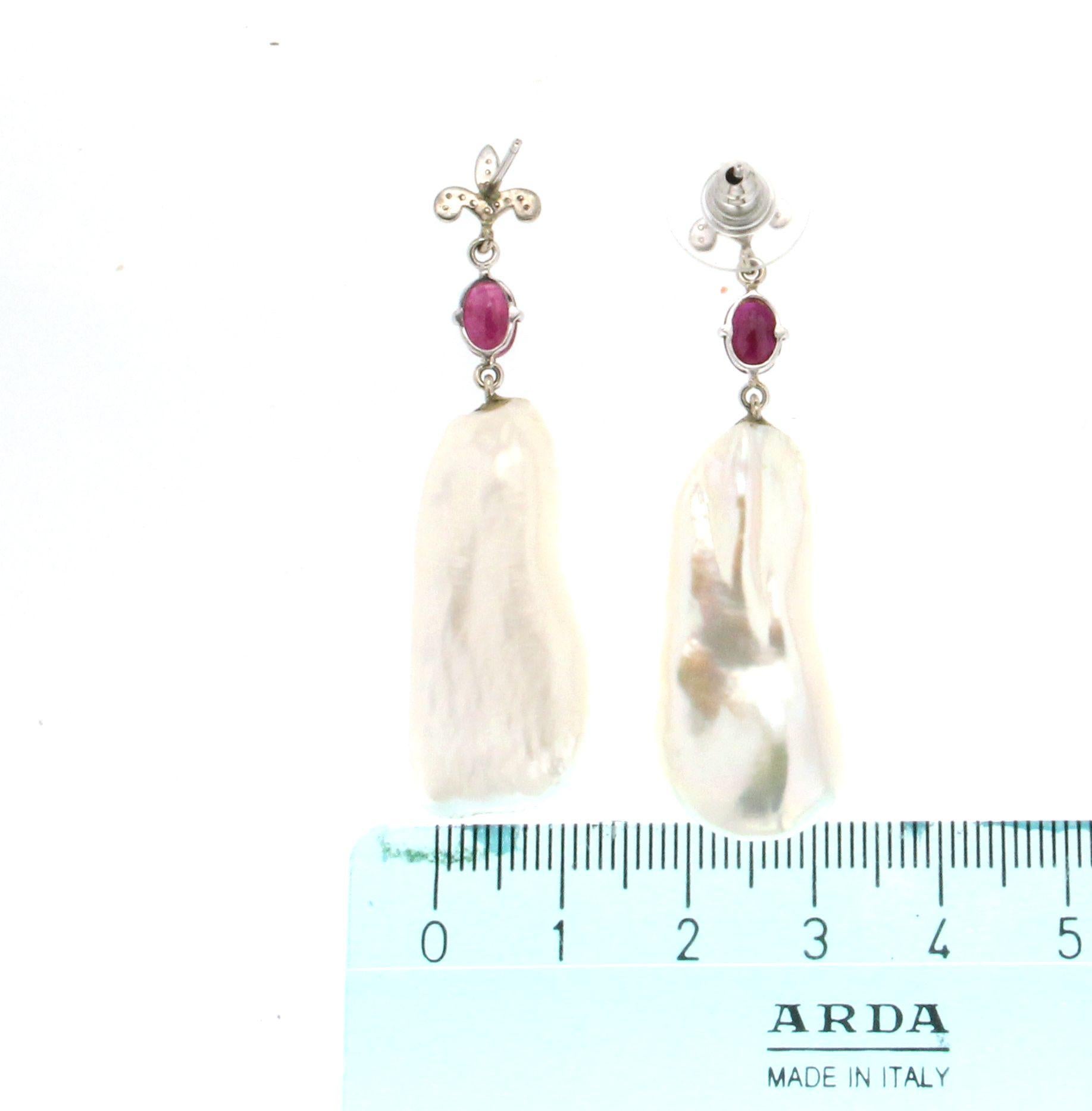 Handcraft Baroque Pearl 18 Karat White Gold Diamonds Ruby Drop Earrings For Sale 7