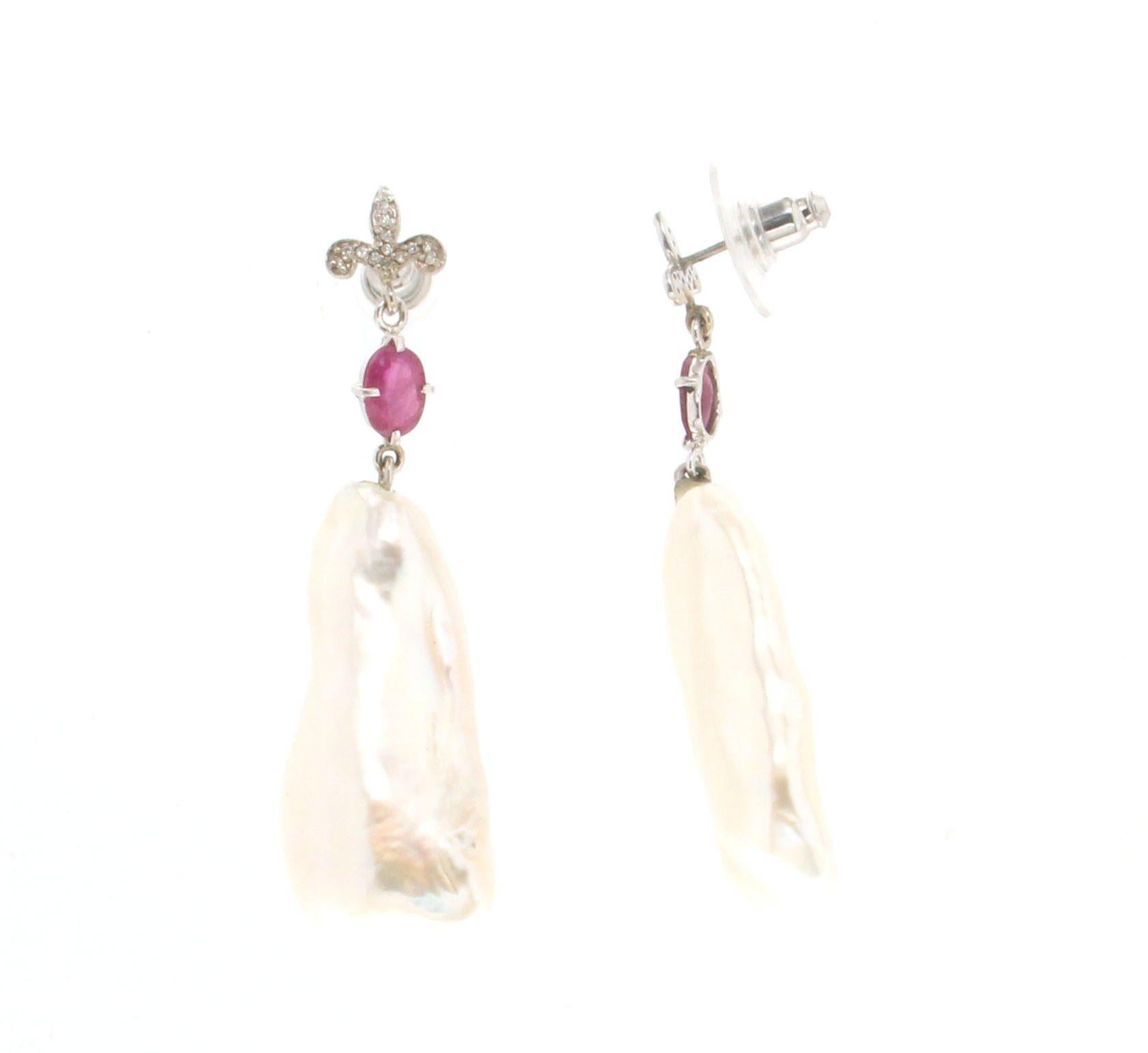 Women's or Men's Handcraft Baroque Pearl 18 Karat White Gold Diamonds Ruby Drop Earrings For Sale