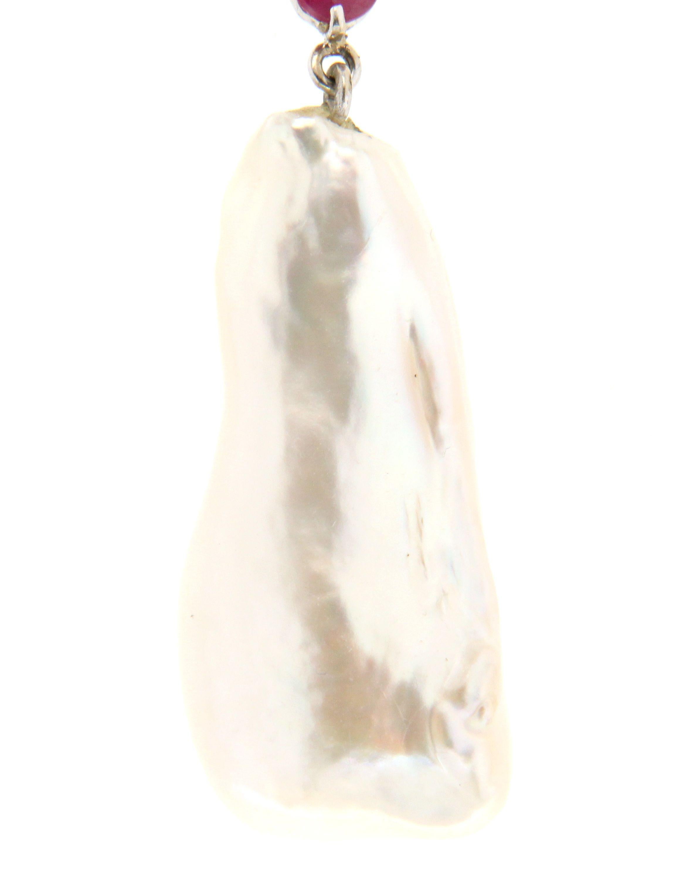 Handcraft Baroque Pearl 18 Karat White Gold Diamonds Ruby Drop Earrings For Sale 2