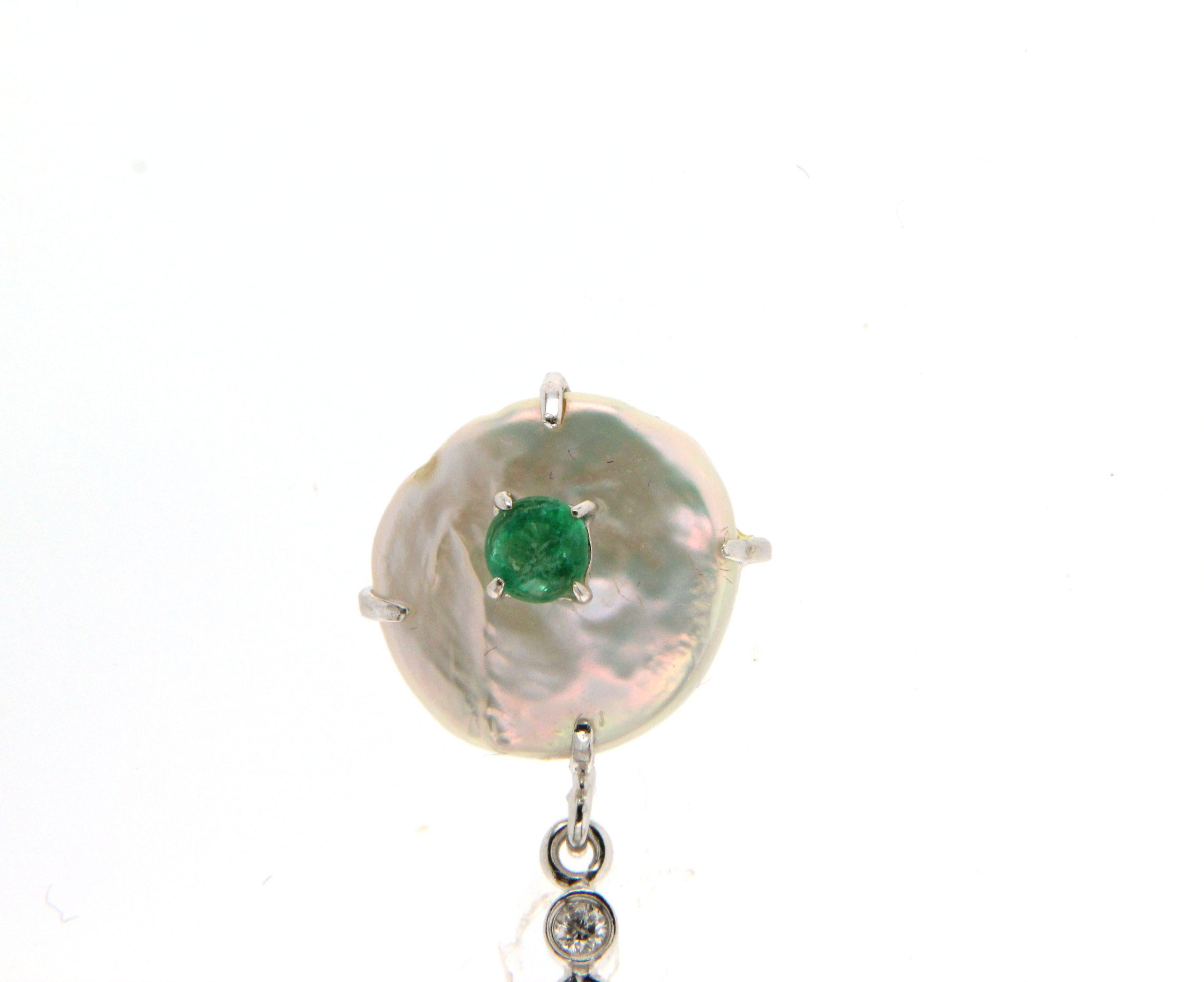 Artisan Handcraft Freshwater Pearls 14 Karat White Gold Emerald Drop Earrings For Sale