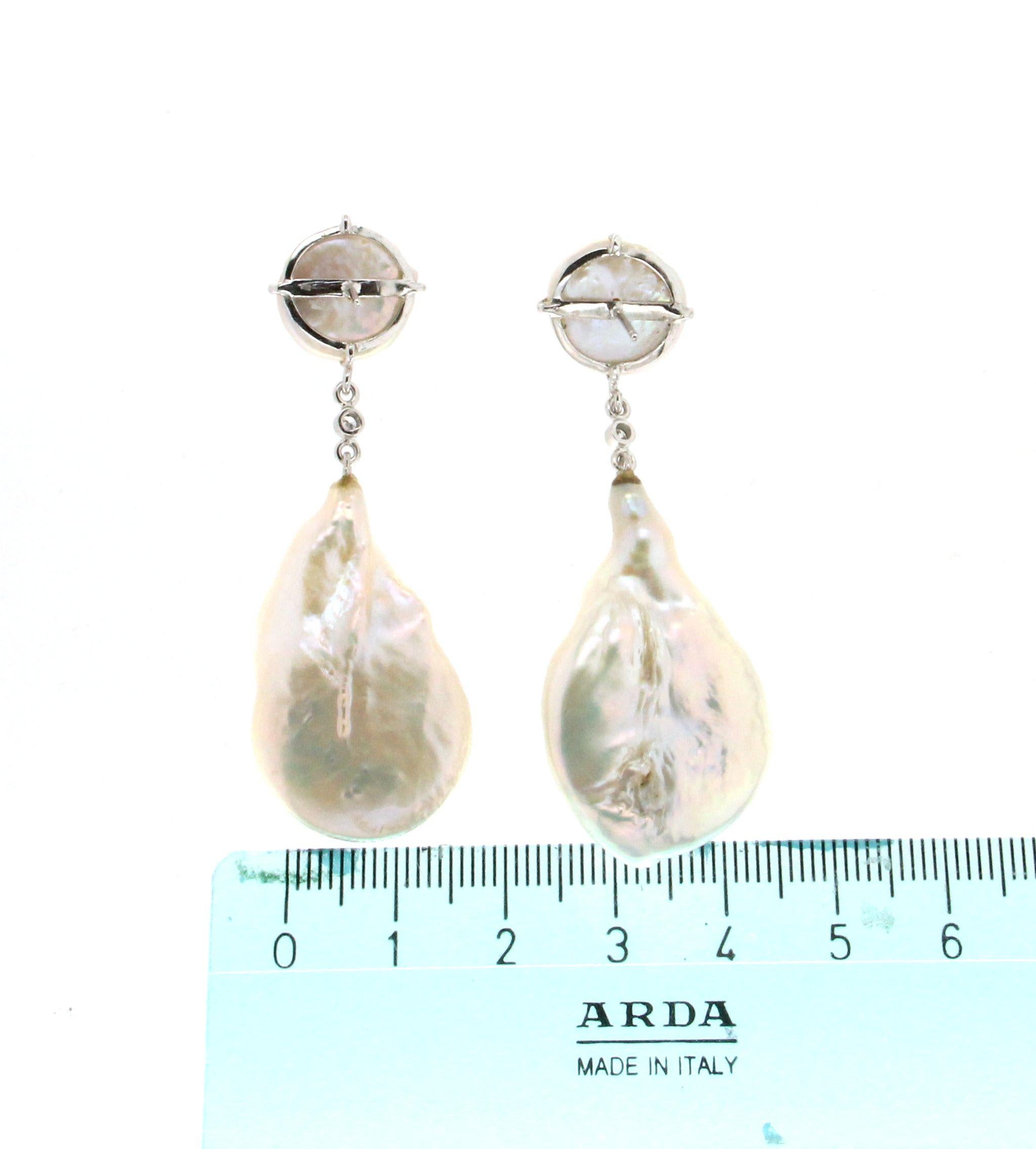 Emerald Cut Handcraft Freshwater Pearls 14 Karat White Gold Emerald Drop Earrings For Sale