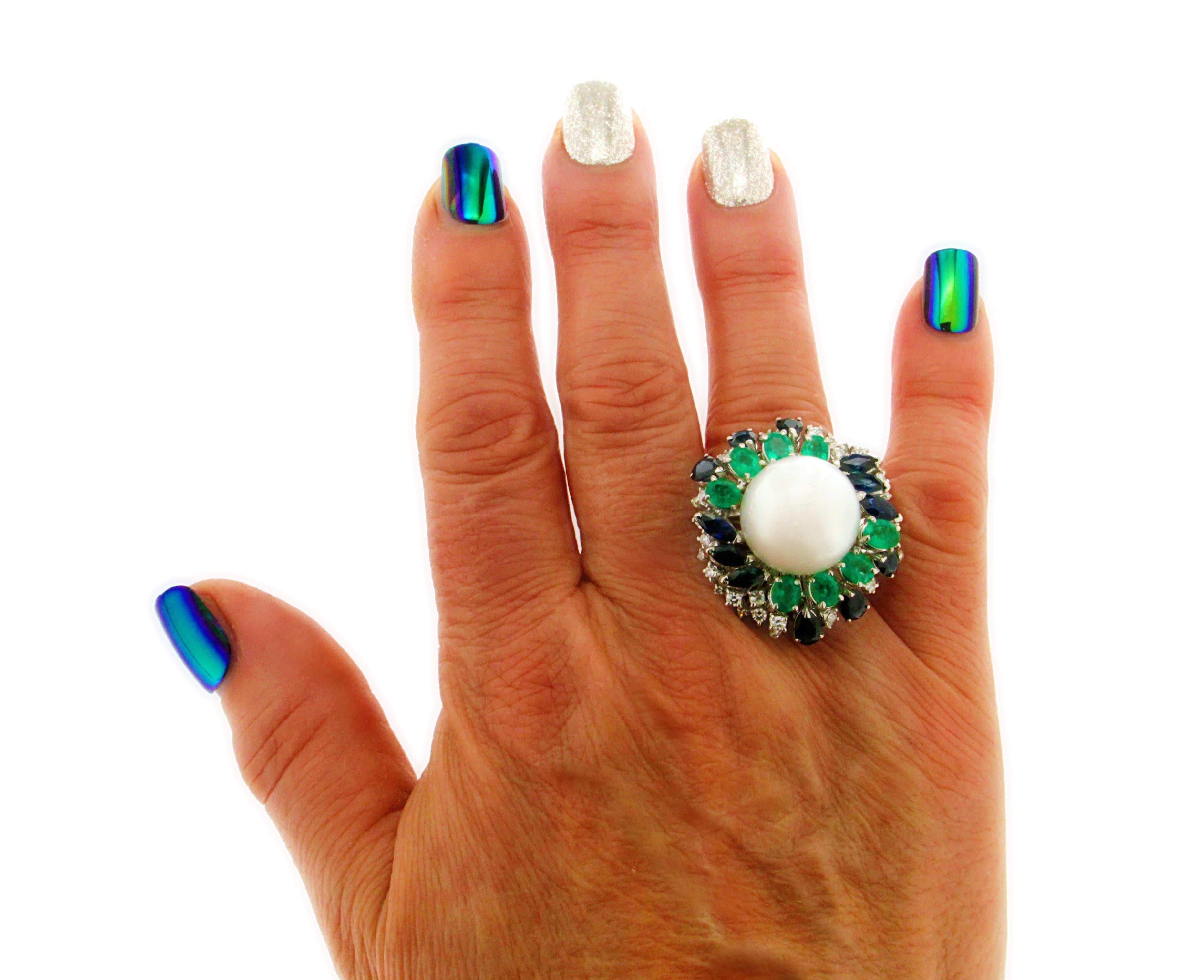 Handcraft Pearl 18 Karat White Gold Sapphires Emeralds Diamonds Cocktail Ring 6