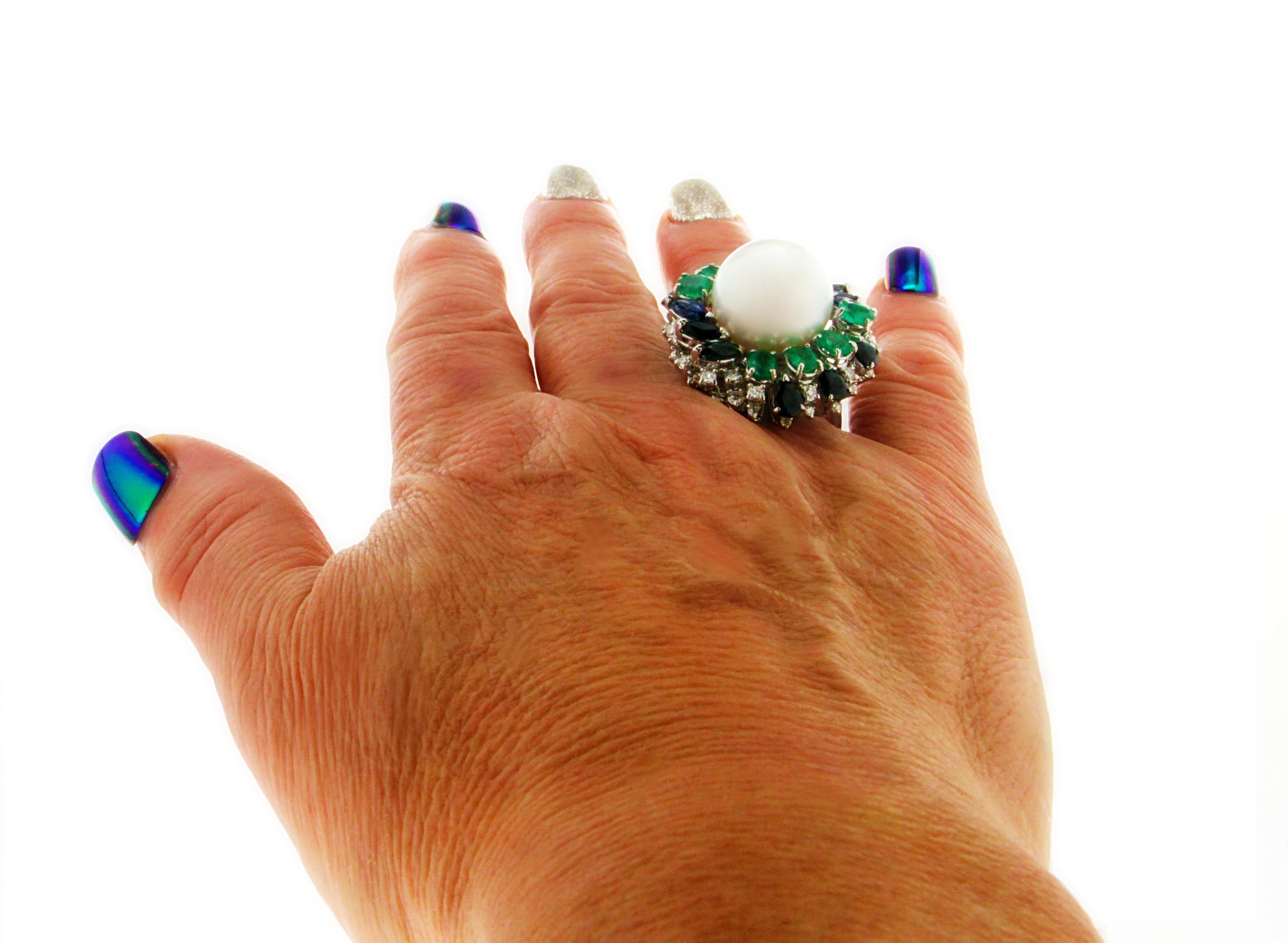 Handcraft Pearl 18 Karat White Gold Sapphires Emeralds Diamonds Cocktail Ring 7