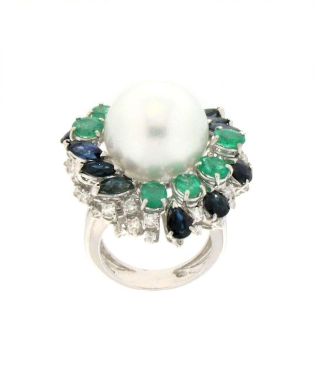Artisan Handcraft Pearl 18 Karat White Gold Sapphires Emeralds Diamonds Cocktail Ring