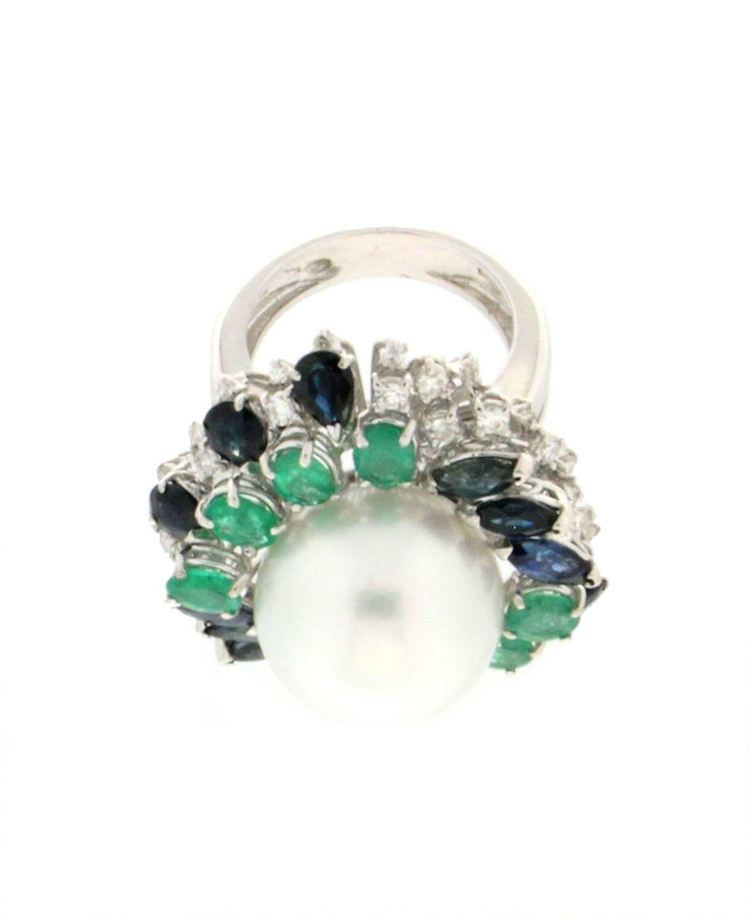 Artisan Handcraft Pearl 18 Karat White Gold Sapphires Emeralds Diamonds Cocktail Ring For Sale