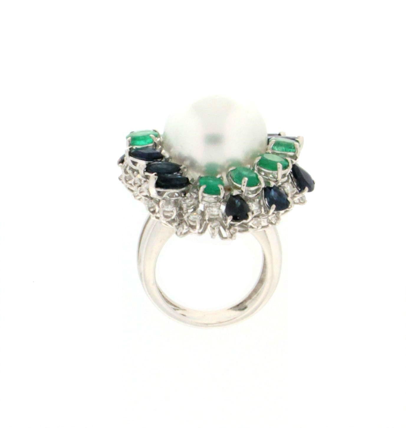 Mixed Cut Handcraft Pearl 18 Karat White Gold Sapphires Emeralds Diamonds Cocktail Ring For Sale