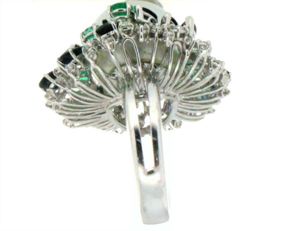 Handcraft Pearl 18 Karat White Gold Sapphires Emeralds Diamonds Cocktail Ring 2