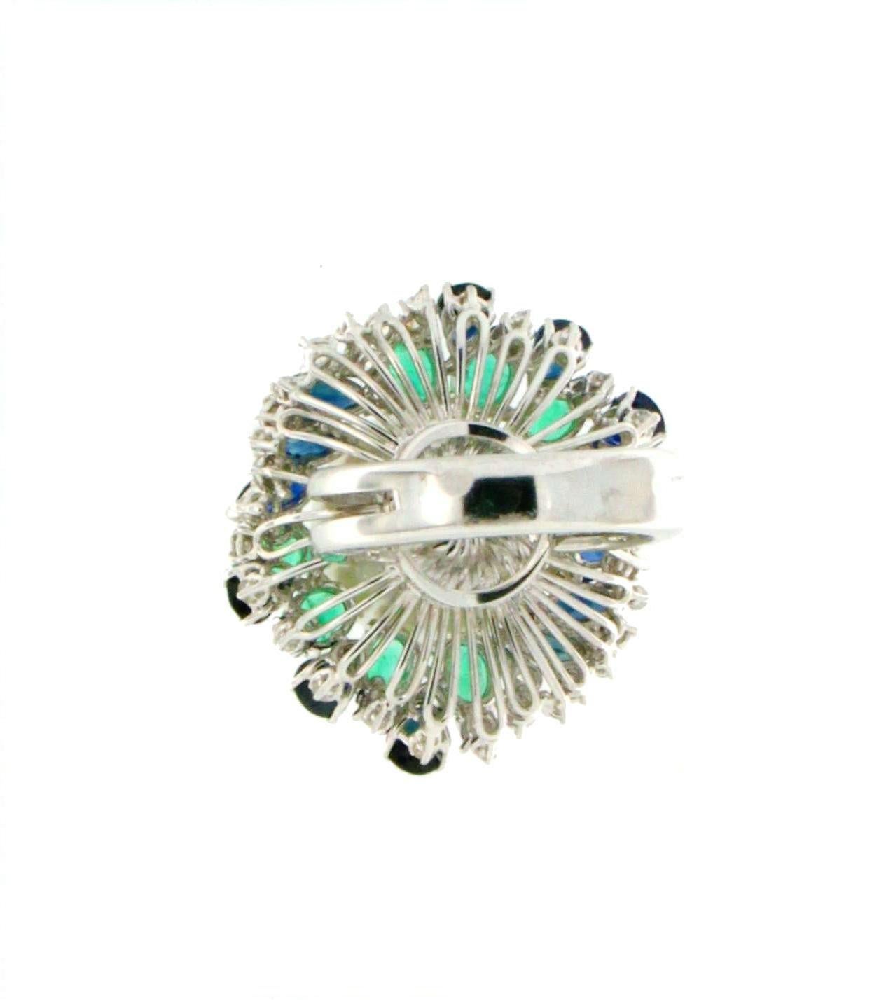 Handcraft Pearl 18 Karat White Gold Sapphires Emeralds Diamonds Cocktail Ring 3