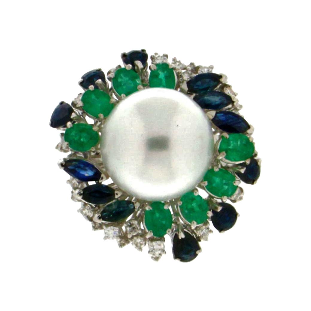 Handcraft Pearl 18 Karat White Gold Sapphires Emeralds Diamonds Cocktail Ring For Sale